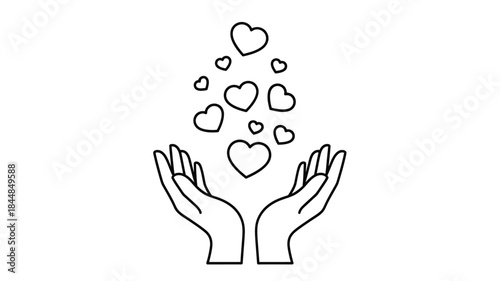 Hands cradling falling hearts a loving gesture in outline silhouette