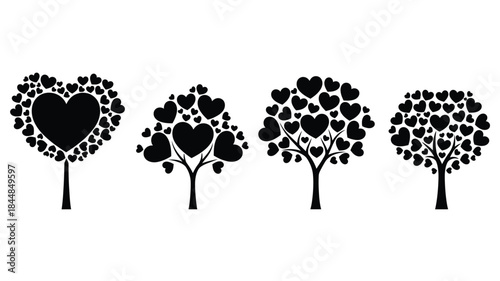 Four heart shaped trees in black and white a beautiful silhouette