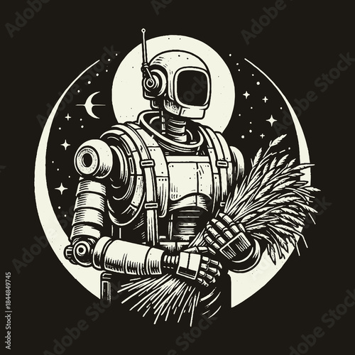 Robot Astronaut Holding Wheat in Space with Stars.