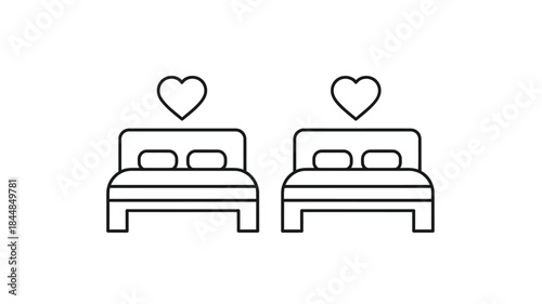 Two beds with heart shapes above a simple linear illustration silhouette