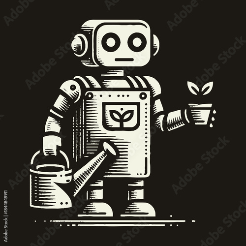 Robot Gardener with Watering Can and Plant in Hand.