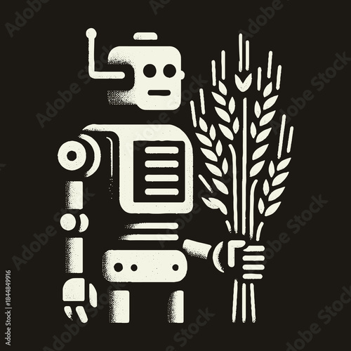 Robot Holding Wheat Stalks Illustration on Dark Background.