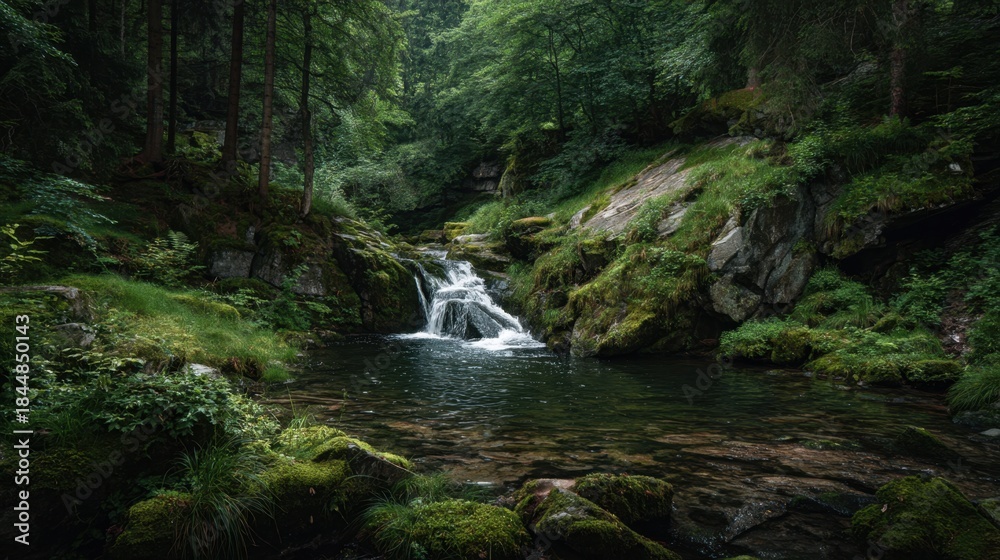 Obraz premium A small stream of water flows through a lush green forest. The water is crystal clear and the surrounding vegetation is dense and green. The scene is peaceful and serene, with the sound of the water