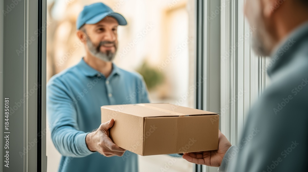 Fototapeta premium Last mile delivery, logistics service, e commerce fulfillment represented by courier handing over parcel. Image supports shipping companies, online retail platforms, supply chain services