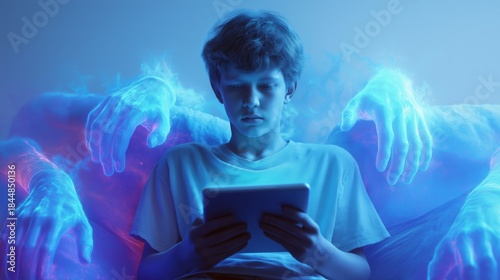 Child technology, parental control, digital safety, data protection shown through European boy using tablet under virtual supervision. Concept targets cybersecurity software, family protection service