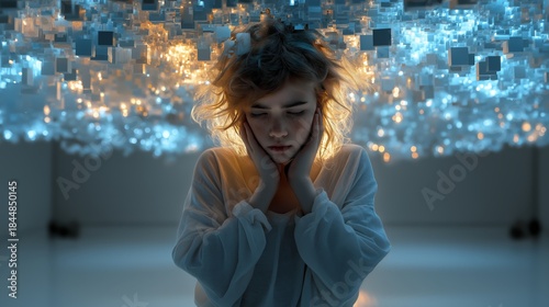 Information overload, cognitive stress, data pressure visualized through European girl surrounded by digital structures. Concept supports mental health services, educational balance programs, digital 