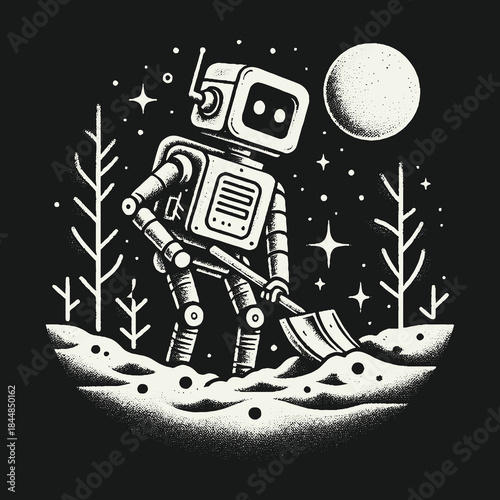 Robot Shoveling Snow Under the Night Sky.