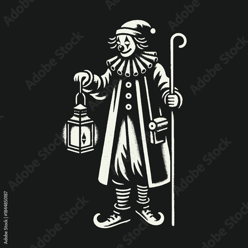 Clown with Lantern and Cane on Black Background.