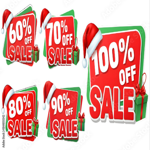 Christmas Sale Badges Up to 100% Off Santa Hat Gift Boxes Red Green Discount Labels Vector Illustration Holiday Promotion Tags SVG | Christmas Sale Badges