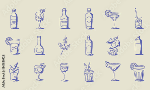 Collection of various cocktail glasses and bottles illustration
