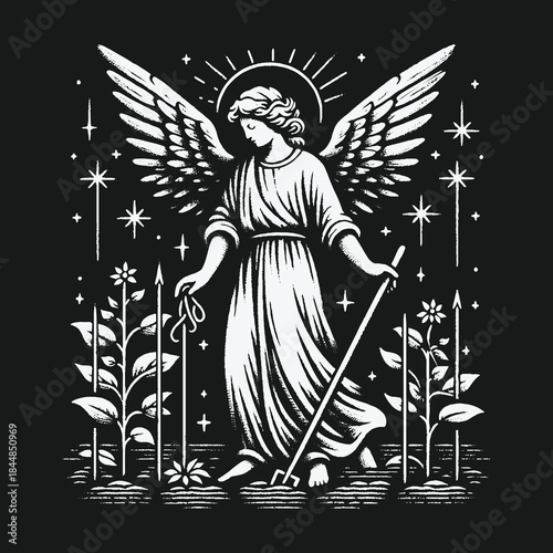 Divine Guardian Angel Standing in a Garden of Light.