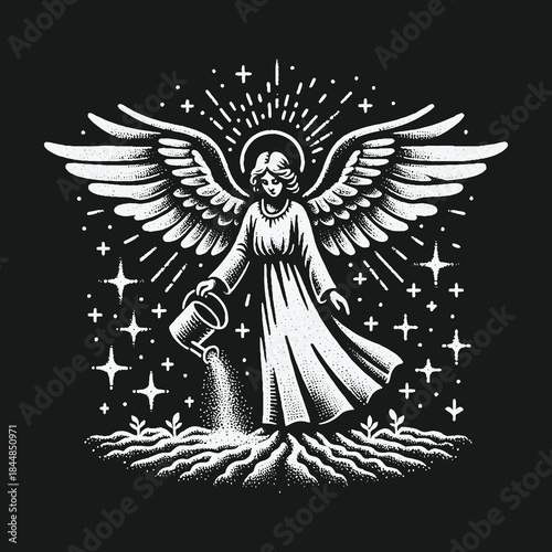 Angel Watering Plants with Celestial Radiance and Grace.