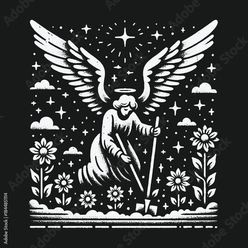 Celestial Gardener: Angelic Figure Tending a Floral Paradise.