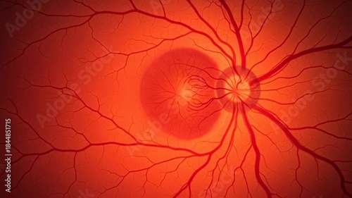 A detailed illustration of a human eyes retina with blood vessels and a bright orange background