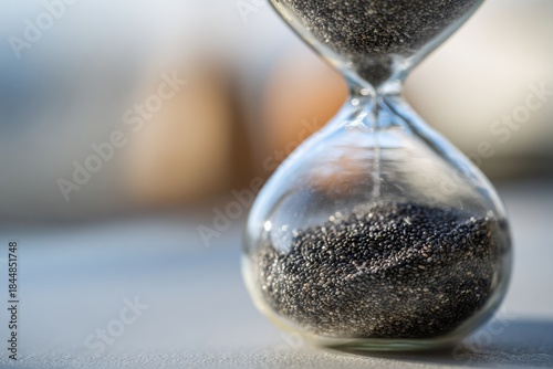 Close up of a classic hourglass filled with dark sand, symbolizing the passage of time and measured moments in a detailed study.