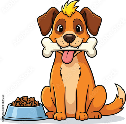 Cute brown cartoon dog with a yellow mohawk holding a white bone in its mouth while sitting happily.