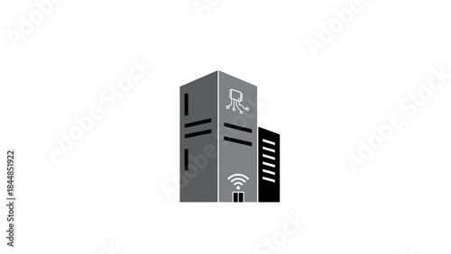 Modern Server Room Technology Building with Wi-Fi Symbol.