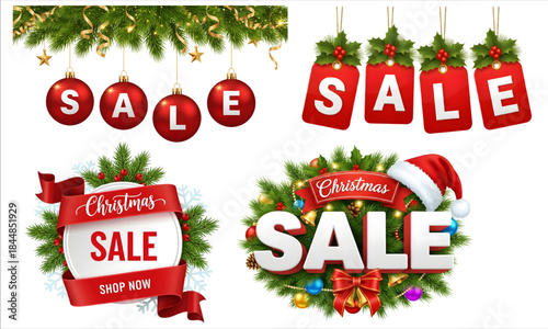 Christmas Sale Banner Set Red Ornaments Tags Wreath Santa Hat Pine Branches Holiday Promotion Vector Illustration |  Branches Holiday Promotion Graphics Vector Illustration 