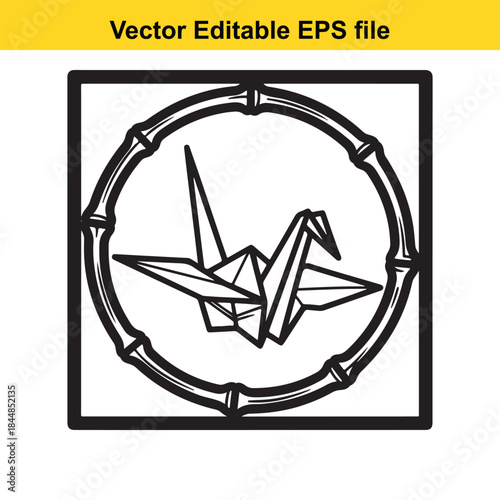  vector editable eps file of an origami crane in a bamboo circle frame