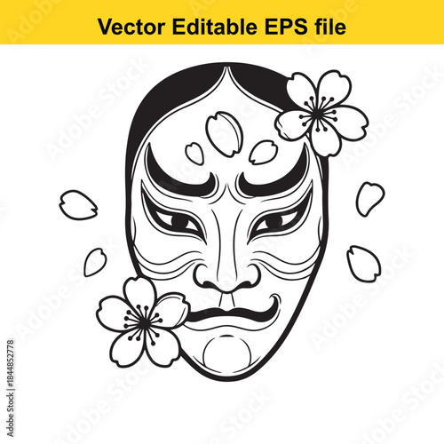  a traditional japanese noh theater mask decorated with cherry blossoms on white