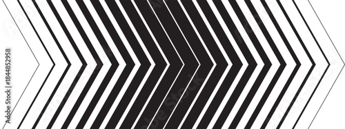 Repeated angle shaped arrows of different thicknesses. Forward, speed, next to or direction background. Abstract striped black and white print. Vector graphic illustration