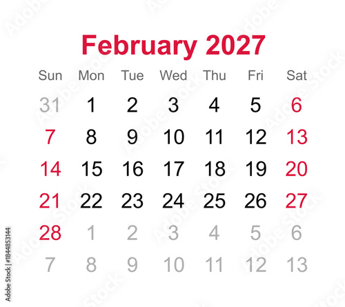 Monthly calendar of February 2027
