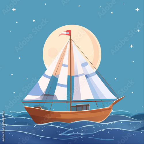 Night sailing of an old wooden sailboat at sea during moonlight