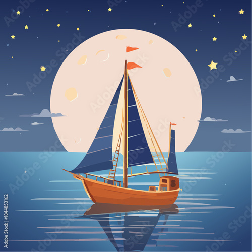 Night sailing of an old wooden sailboat at sea during moonlight