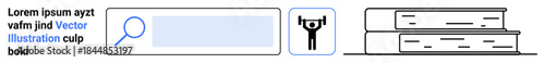 Education, online research, knowledge, fitness, progress, healthy habits. Search bar, weightlifting icon and stack of books . Education and online research concept
