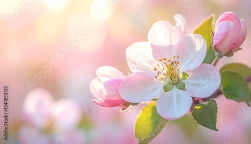 Closeup of spring pastel blooming flower in orchard. Macro cherry blossom tree branch