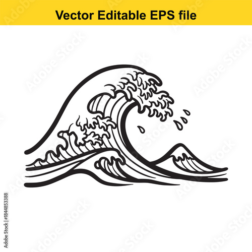  a black and white vector illustration of a crashing ocean wave in a simple line art style