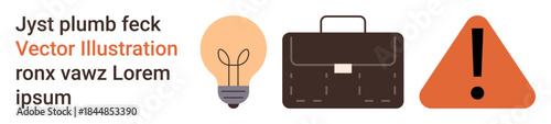 Creativity, entrepreneurship, problem-solving, career, innovation, alertness. Lightbulb, briefcase and caution sign arranged in sequence. Creativity and entrepreneurship through symbolic icons
