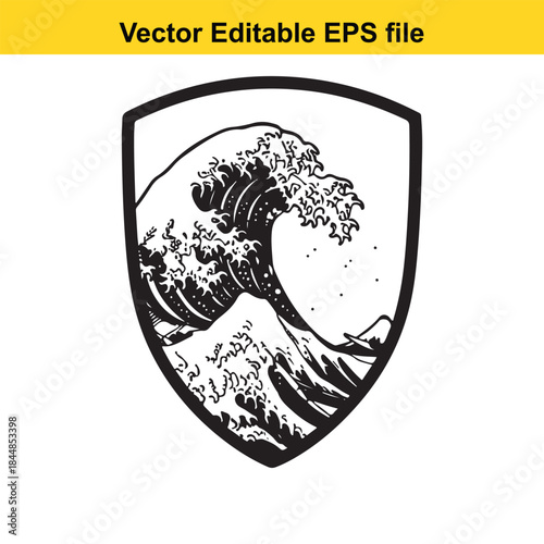  vector editable eps file of a stylized wave design in a shield shape with black lines on white