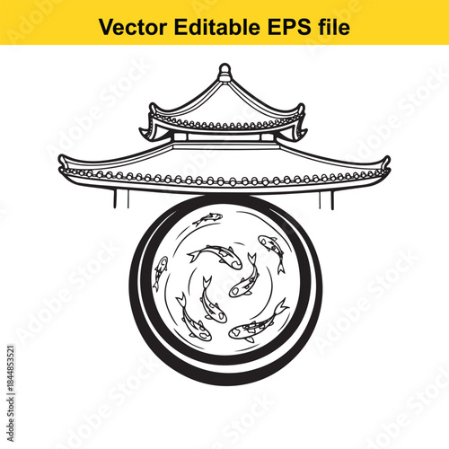  black and white illustration of a pagoda roof over a circular koi fish design in a vector editable eps file format