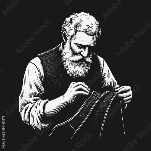 Vintage black and white illustration of an elderly bearded craftsman sewing.