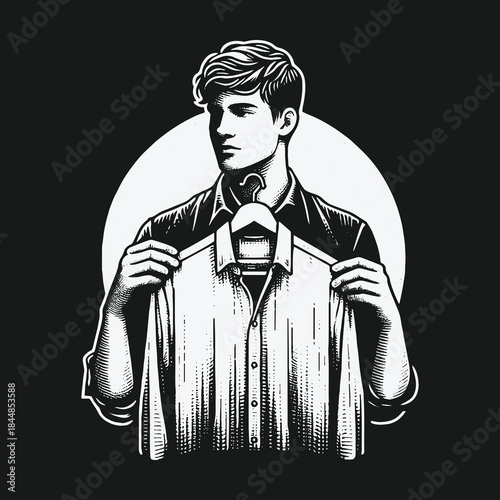 Stylish young man holding a button down shirt on a hanger in a black and white illustration.