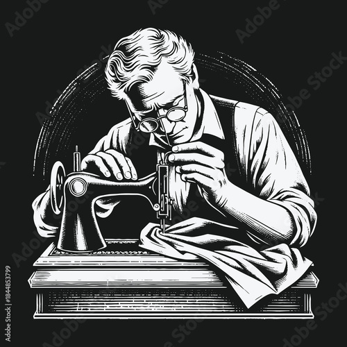 Elderly tailor meticulously working on a vintage sewing machine illustration.