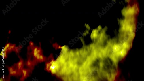 Abstract red and yellow clouds resembling fire on a black background. Suitable for backgrounds, design elements, and fiery concepts.
