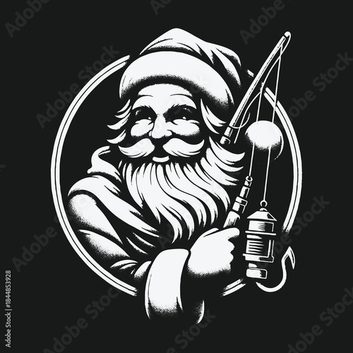 Black and white illustration of Santa Claus holding a fishing rod.