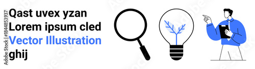 Research analysis, innovation concepts, discovery, knowledge exploration, education, science communication. Magnifying glass, lightbulb with tree man holding notebook. Research analysis