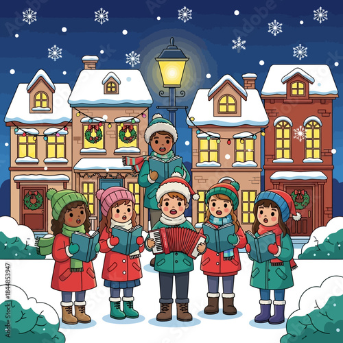 Children singing Christmas carols in a snowy village.
