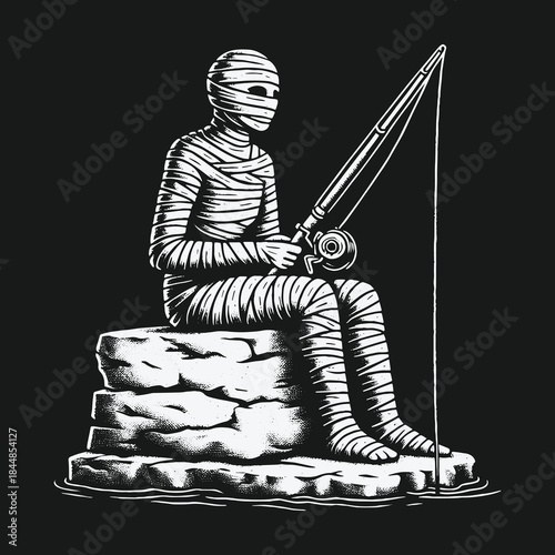 Monochrome illustration of an ancient mummy fishing patiently on a rock.