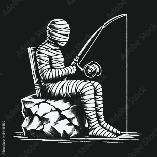 Ancient mummy character patiently fishing from a large rock illustration.
