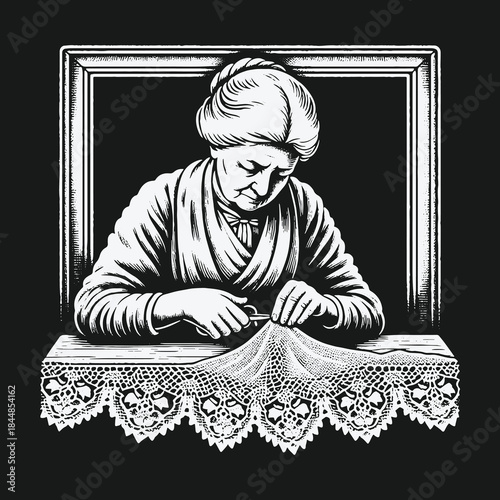 Vintage black and white illustration of an elderly woman sewing lace.