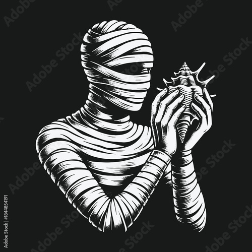 Mummy wrapped in bandages listening to a conch shell.