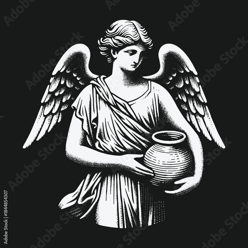 Vintage black and white illustration of a classical angel holding a vase.