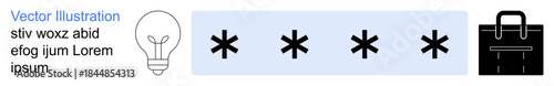 Innovation, security, business planning, idea generation, concepts, and intellectual property. Light bulb, asterisks and briefcase symbols on a white and blue background. Innovation and security