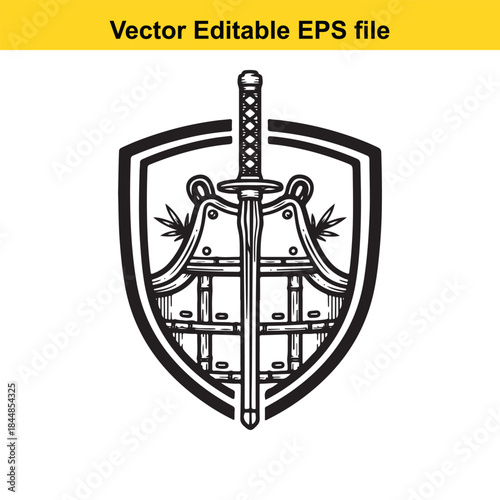 vector shield with sword and helmet in black lines on white background