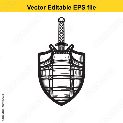  vector shield icon with sword on white background for protection symbols