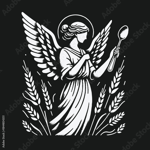 Monochrome graphic of a heavenly angel holding a spoon in a wheat field.